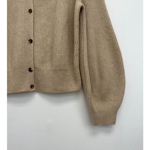 Lafayette 148 100% Cashmere Ribbed Balloon Sleeve Luxury Camel Cardigan - Large - Picture 7 of 10